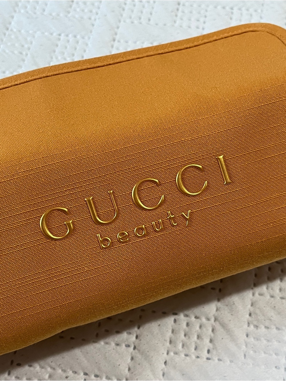 Brand new Gucci mustard yellow beauty travel Pouch with Gold Logo
